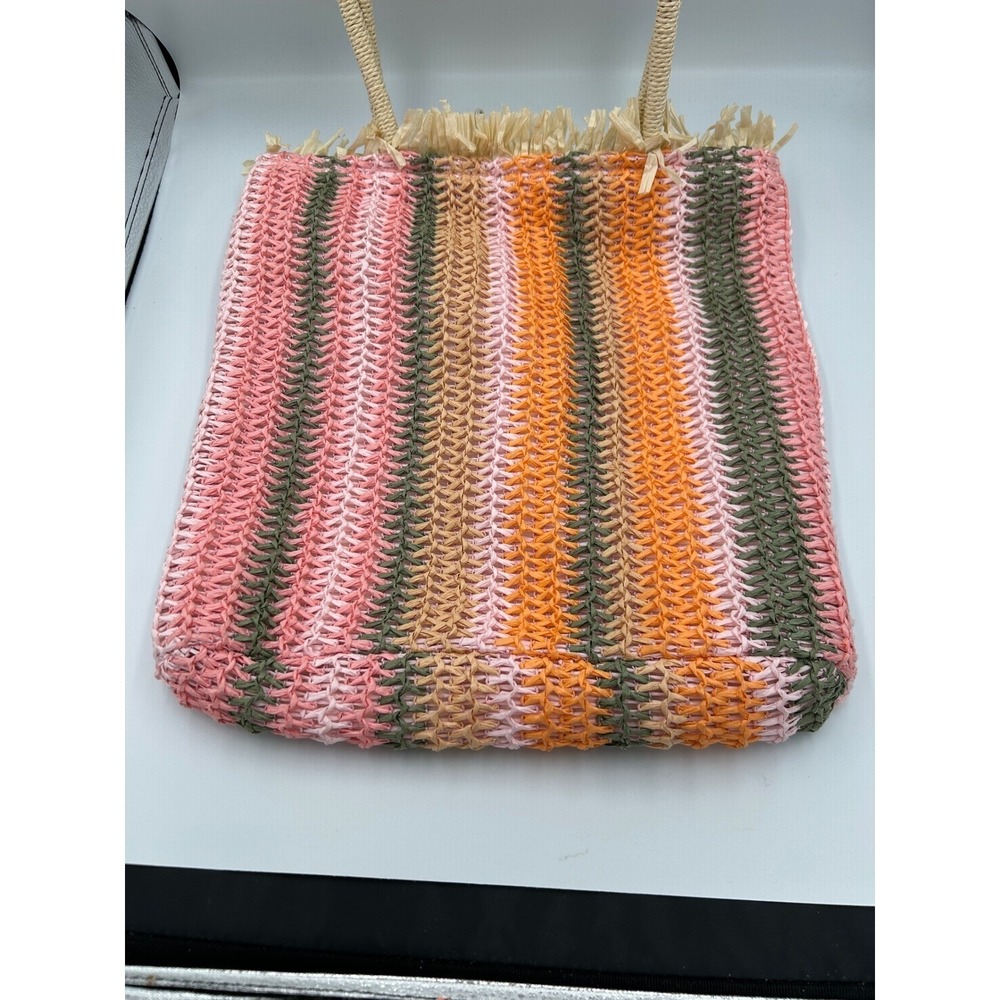 Bay Sky Pink Orange Striped Woven Straw Tote Bag Fringe Beach Shoulder Bag O/S